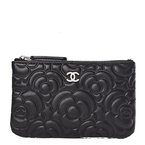 Chanel Goatskin Camellia Embossed Cosmetic Pouch Black